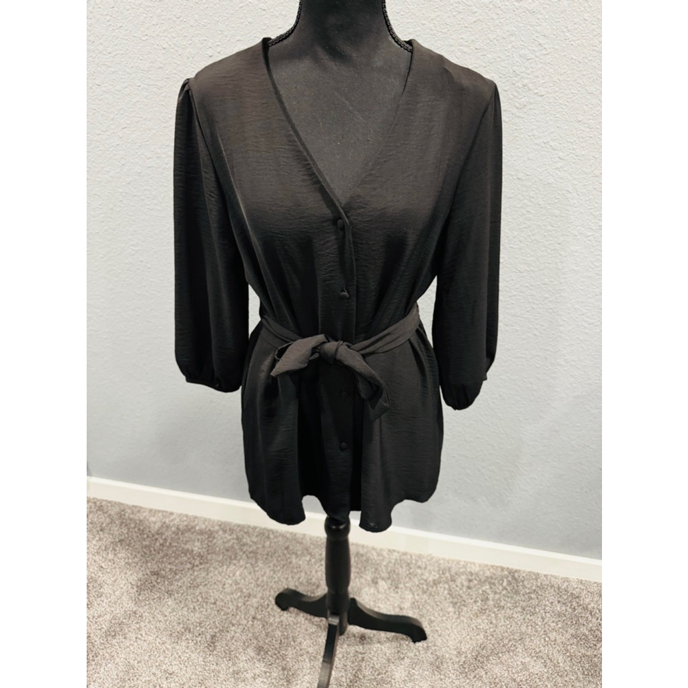 Primark Black Button-Down Belted Blouse – Elegant Long Sleeve To, Size 6